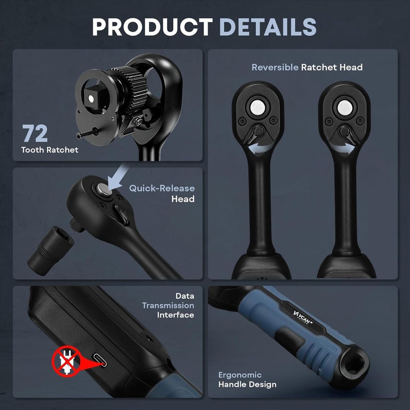 VCAN ACTIVE 3/8 Torque Wrench Digital (2.21-44.25 Ft. Lb) ±2% Accuracy Digital Inch Pound Torque Wrench 3/8 Drive Ratchet with Buzzer LED Flash Track Mode/Universal Joint & 6" Xtension Bar for Bike Moto Auto - Image 3